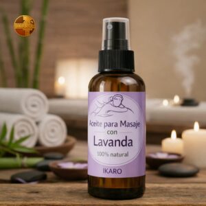 Aceite de lavanda para masajes IKARO 100 ml en frasco ámbar con atomizador, aceite corporal para masajes relajantes