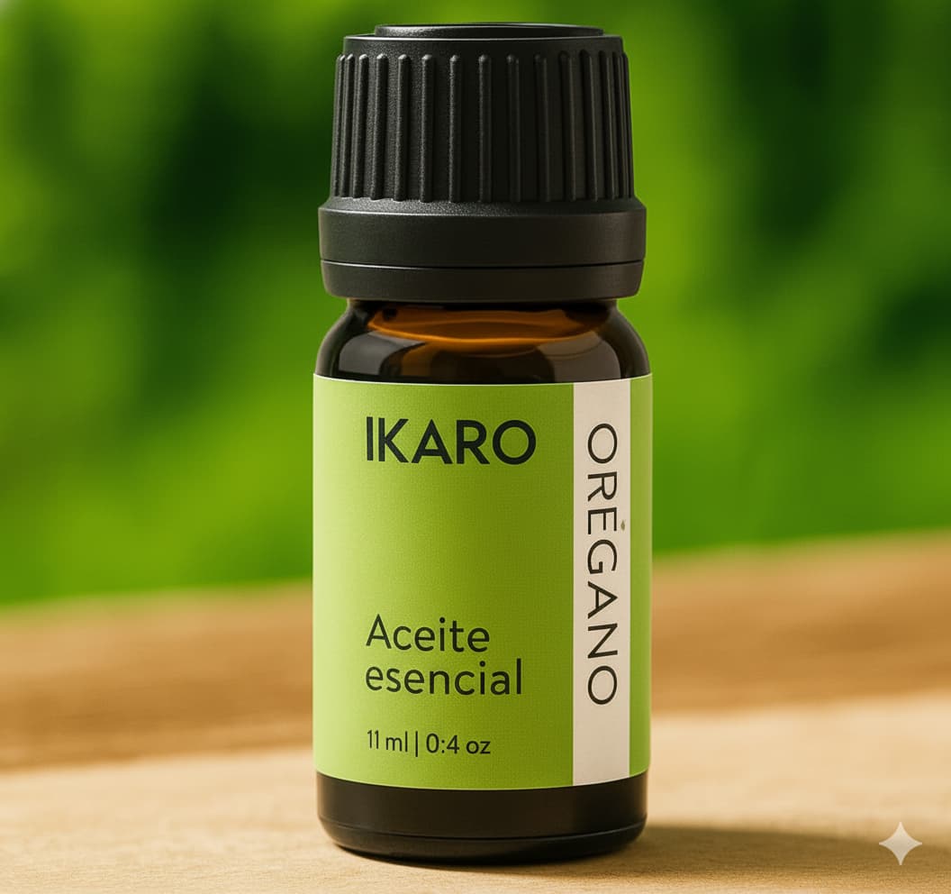 Aceite esencial de orégano natural IKARO – 11 ml con carvacrol y timol; propiedades, beneficios, usos y formato comestible supervisado.