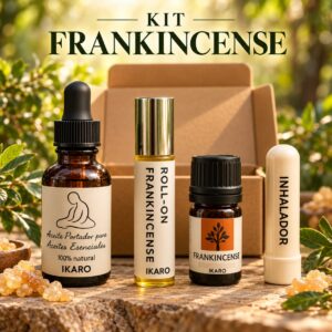 Frankincense kit de IKARO: combina aceite esencial puro de Boswellia carterii con formatos prácticos roll on, inhalador nasal y aceite portador. Una solución completa para equilibrio emocional, bienestar neurológico y acompañamiento en TEA y TDAH.
