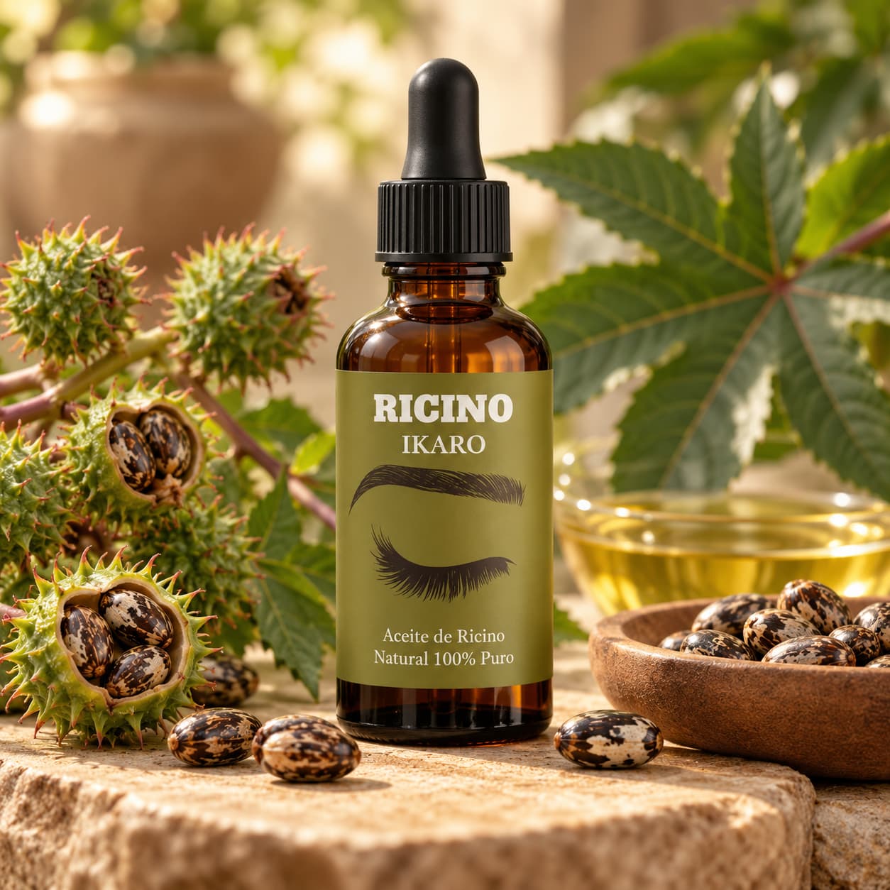 El aceite de ricina natural IKARO —también llamado aceite de ricino o castor oil— es prensado en frío y rico en ácido ricinoleico