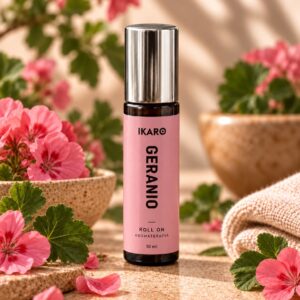 Roll-On de Geranio de IKARO es una forma innovadora de disfrutar los beneficios terapéuticos y estéticos del aceite esencial de Geranio (Pelargonium graveolens) de manera rápida y eficaz