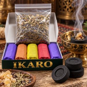 Carbón litúrgico vegetal IKARO en Perú – Caja con 25 unidades y mezcla de hierbas aromáticas naturales para rituales religiosos