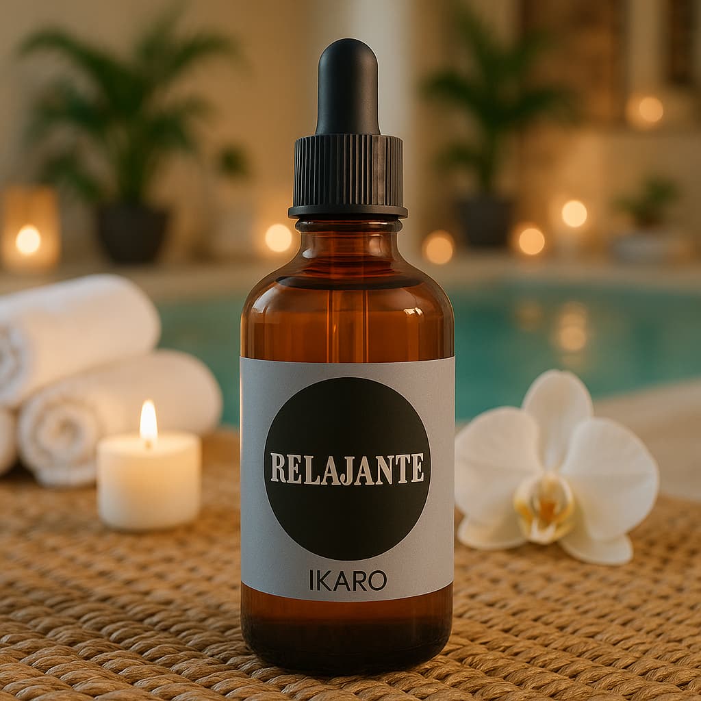 Aceite relajante IKARO 100 ml con lavanda, naranja y patchouli en ambiente de spa