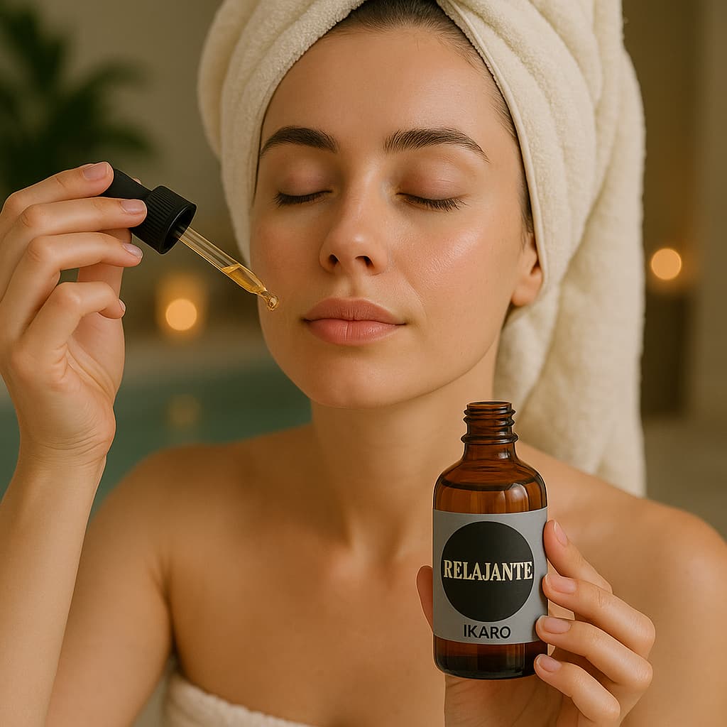 Aceite relajante IKARO aplicado en masaje facial para relajación profunda con lavanda, naranja y patchouli