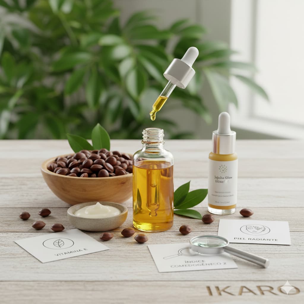 Semillas y aceite de jojoba natural IKARO en primer plano