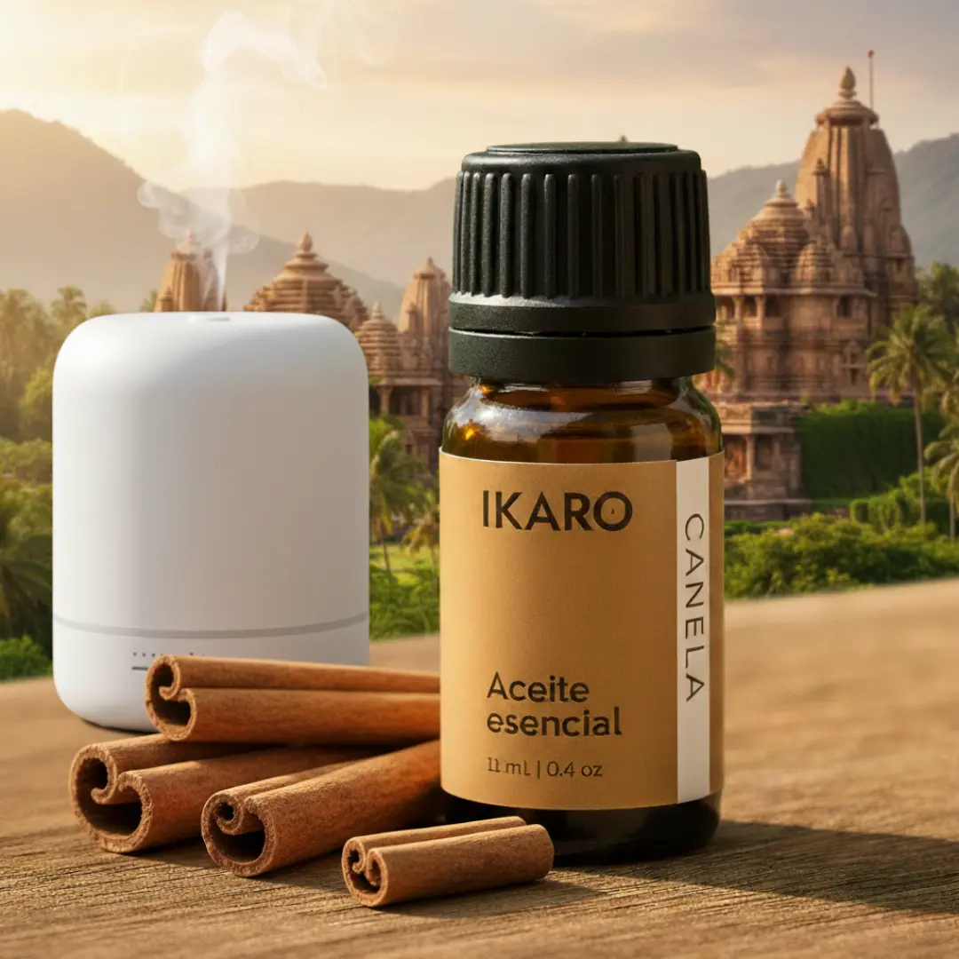 Aceite esencial de canela IKARO en uso aromático – foto lifestyle en Perú