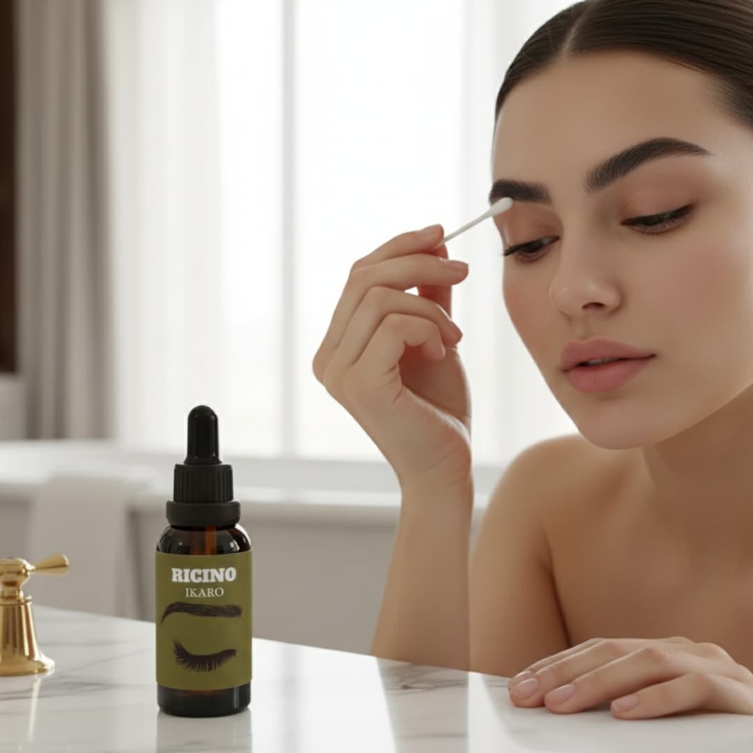 Aceite de ricino: aplicación en cejas Aplicación del aceite de ricino IKARO en cejas con cepillo limpio (uso cosmético)