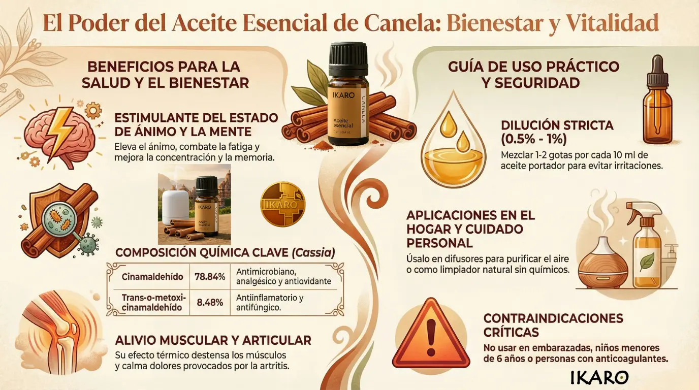 Infografía IKARO del aceite esencial de canela: usos, dilución y precauciones