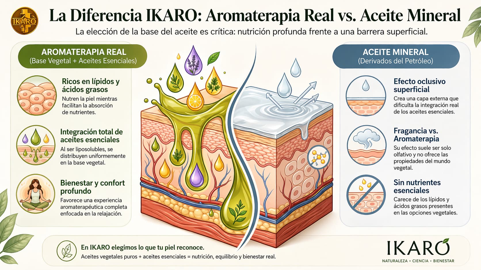 Infografía comparativa: Aromaterapia real base vegetal vs aceite mineral - diferencias en composición, beneficios, integración de aceites esenciales, efecto en piel. IKARO Perú