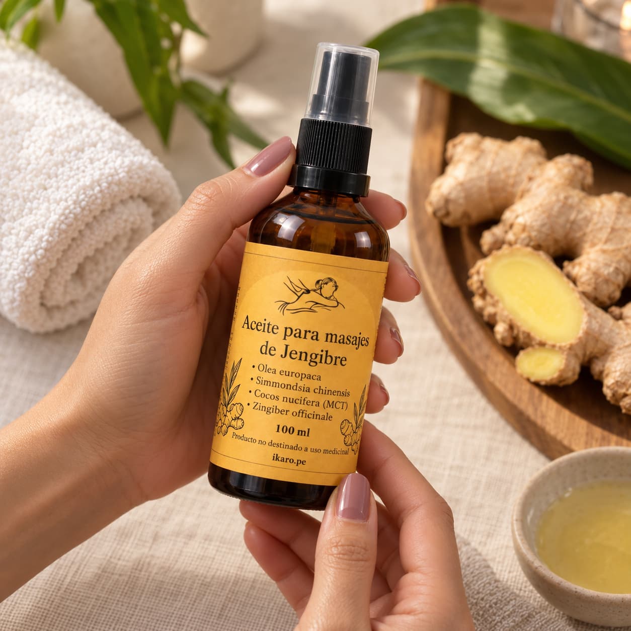 Aceite para Masajes de Jengibre IKARO 100 ml con aceite esencial puro de Zingiber officinale