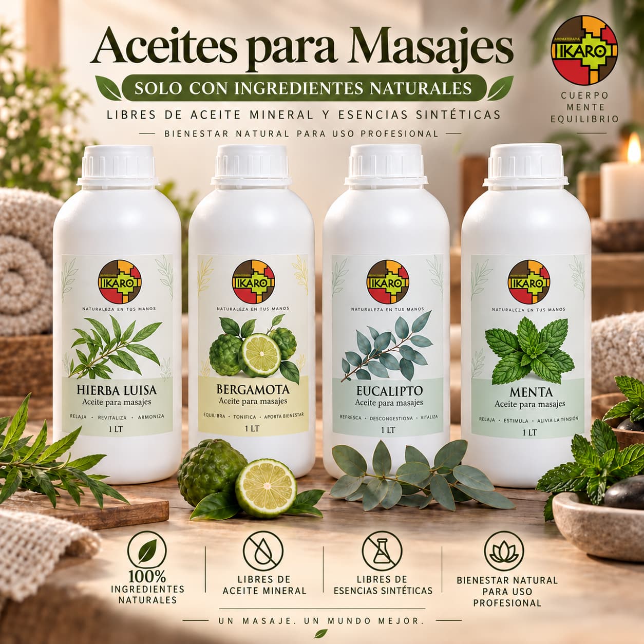 Aceite para masajes por litro IKARO para spas y terapeutas