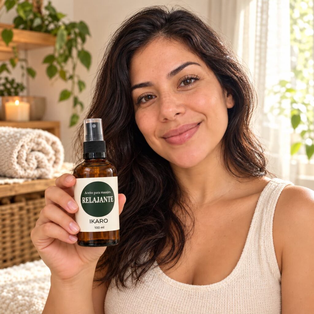 Aceite de Masaje Relajante IKARO de 100 ml, listo para usar, junto a toallas y piedras de spa