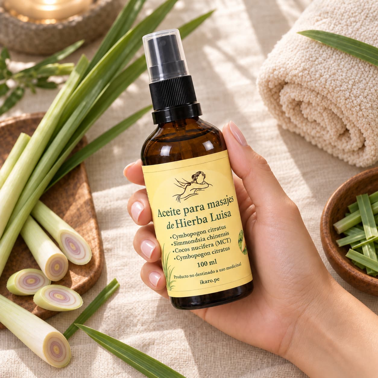 Aceite para Masajes de Hierba Luisa IKARO 100 ml con aceite esencial puro de Cymbopogon citratus