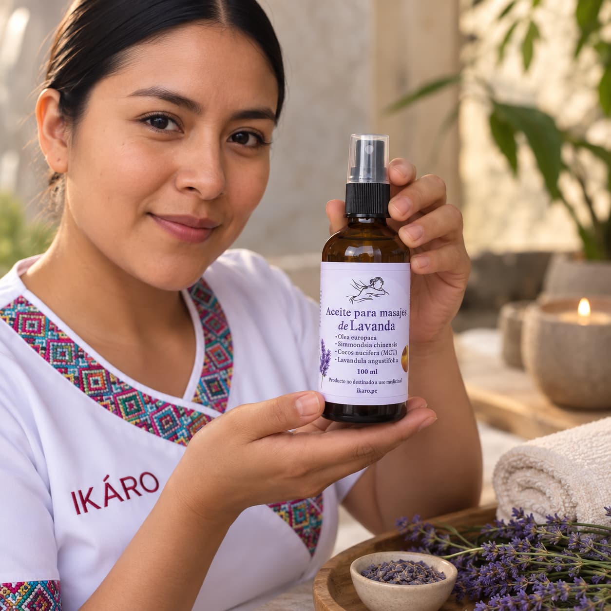 Aceite Corporal de Lavanda IKARO para masajes elaborado con jojoba, oliva, coco fraccionado y aceite esencial puro de lavanda