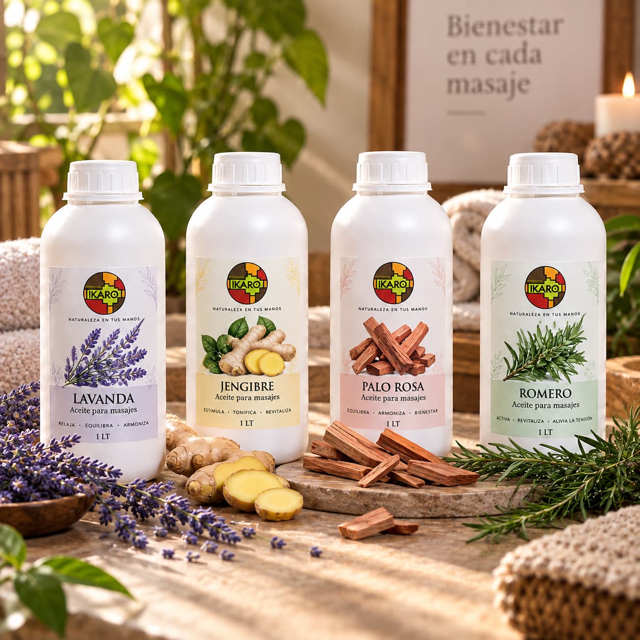 Aceite para masajes por litro IKARO en presentación de 1 litro con aromas de lavanda, jengibre y romero