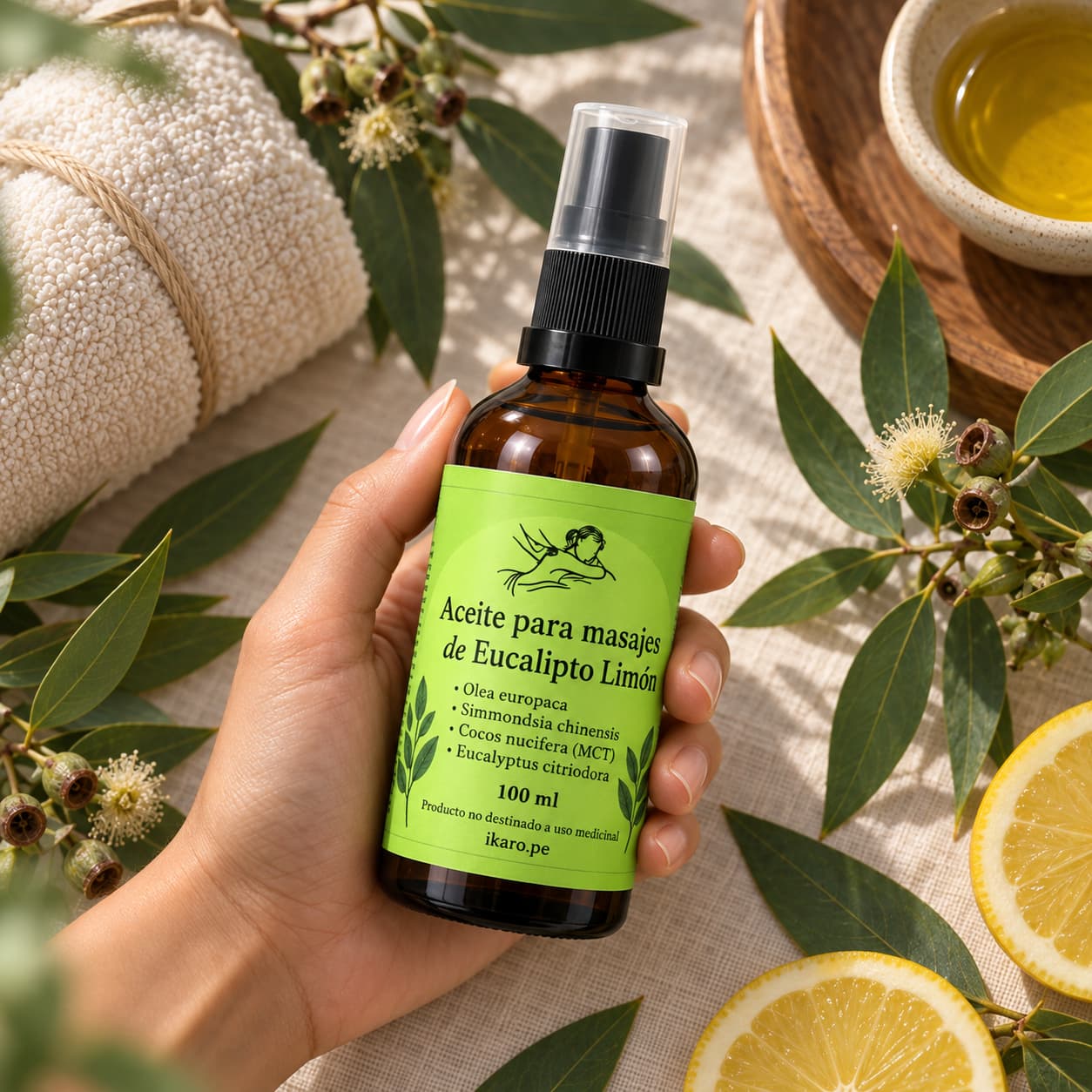 Aceite para Masajes de Eucalipto Limón IKARO 100 ml con aceite esencial puro de Eucalyptus citriodora