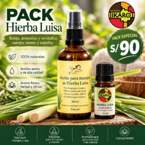 El Pack Hierba Luisa combina nuestro aceite de masaje de 100 ml con el aceite esencial puro de 11 ml (lemongrass).