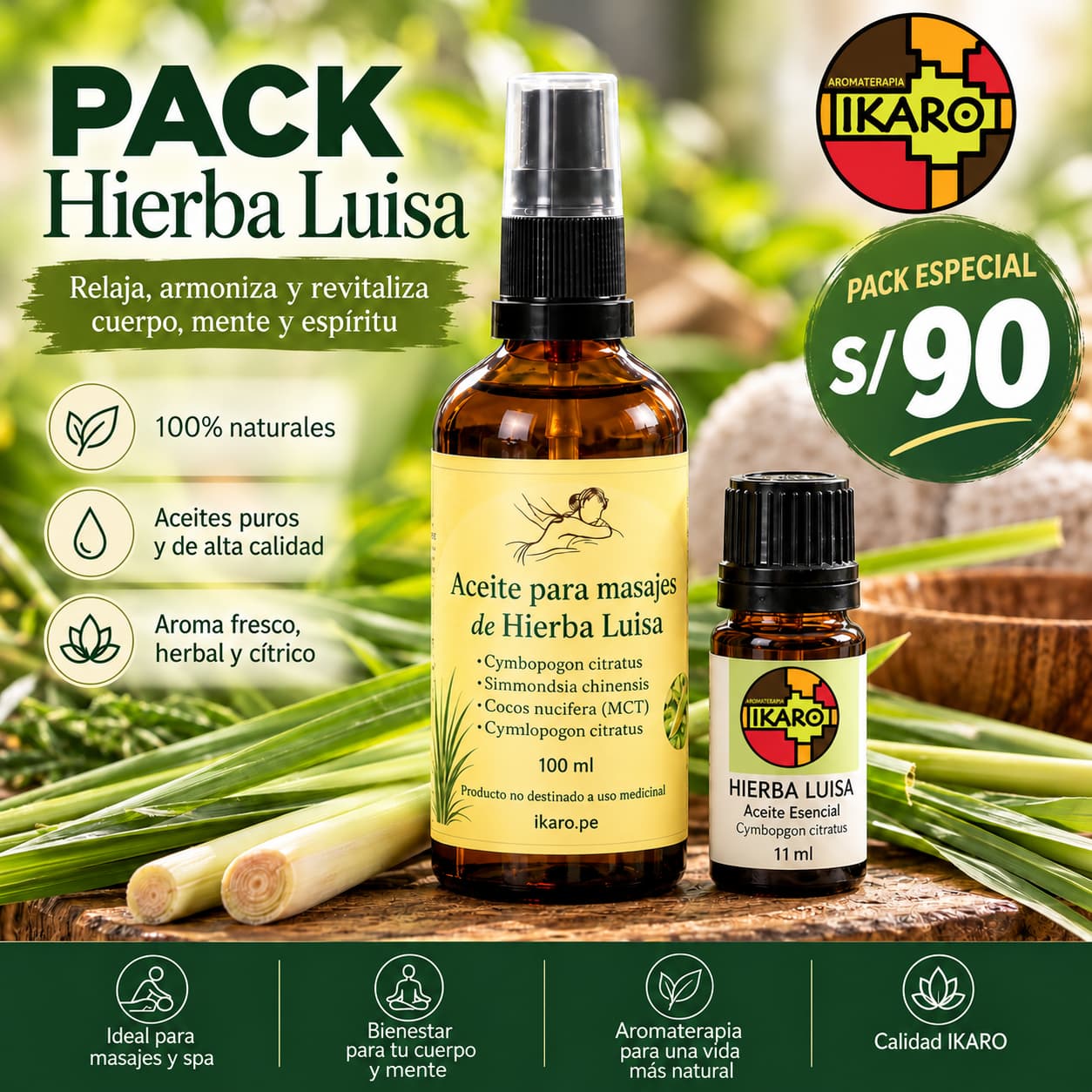 El Pack Hierba Luisa combina nuestro aceite de masaje de 100 ml con el aceite esencial puro de 11 ml (lemongrass).