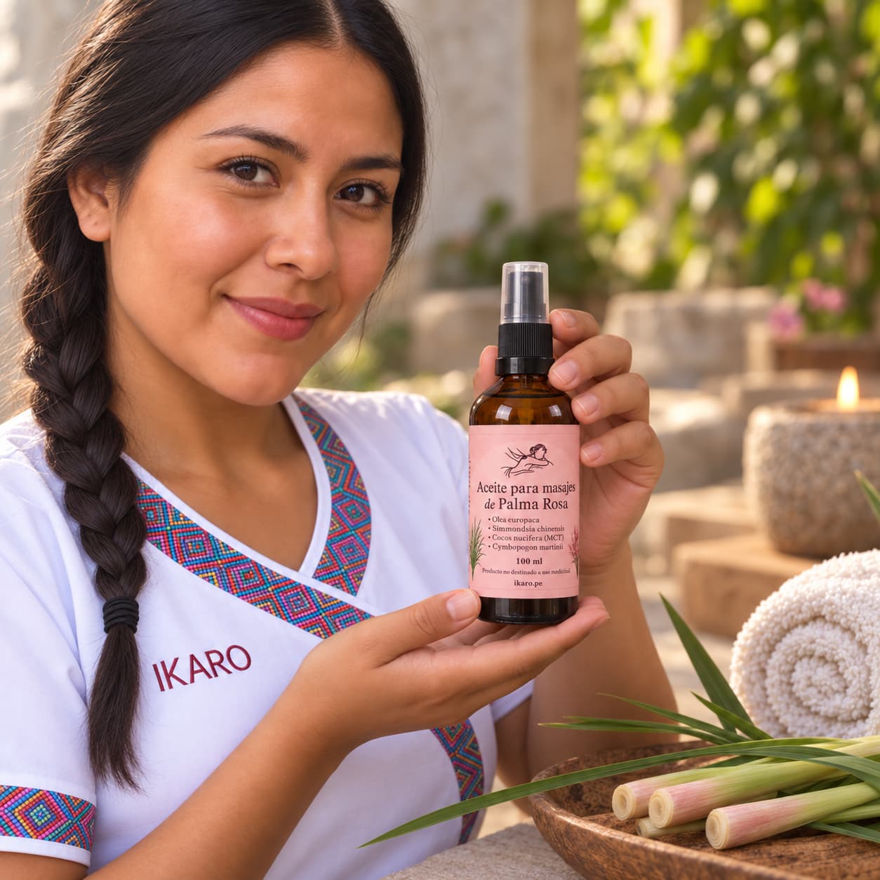 Aceite para Masajes de Palmarosa IKARO 100 ml con jojoba, oliva, coco fraccionado y aceite esencial puro de Cymbopogon martinii