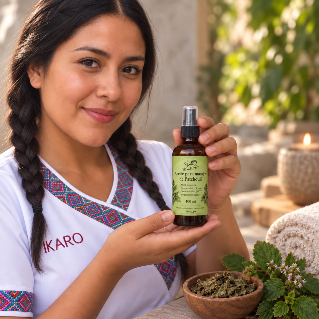 Aceite para Masajes de Patchuli IKARO 100 ml con jojoba, oliva, coco fraccionado y aceite esencial puro de Pogostemon cablin