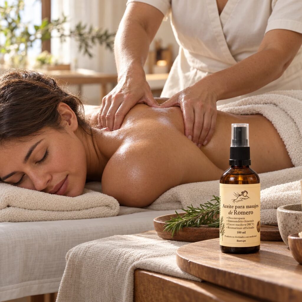 Terapeuta masajeando el hombro de una mujer con aceite de masaje de romero IKARO de 100 ml