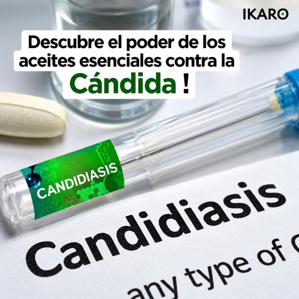 Frasco de laboratorio con etiqueta candidiasis y texto sobre aceites esenciales y Candida