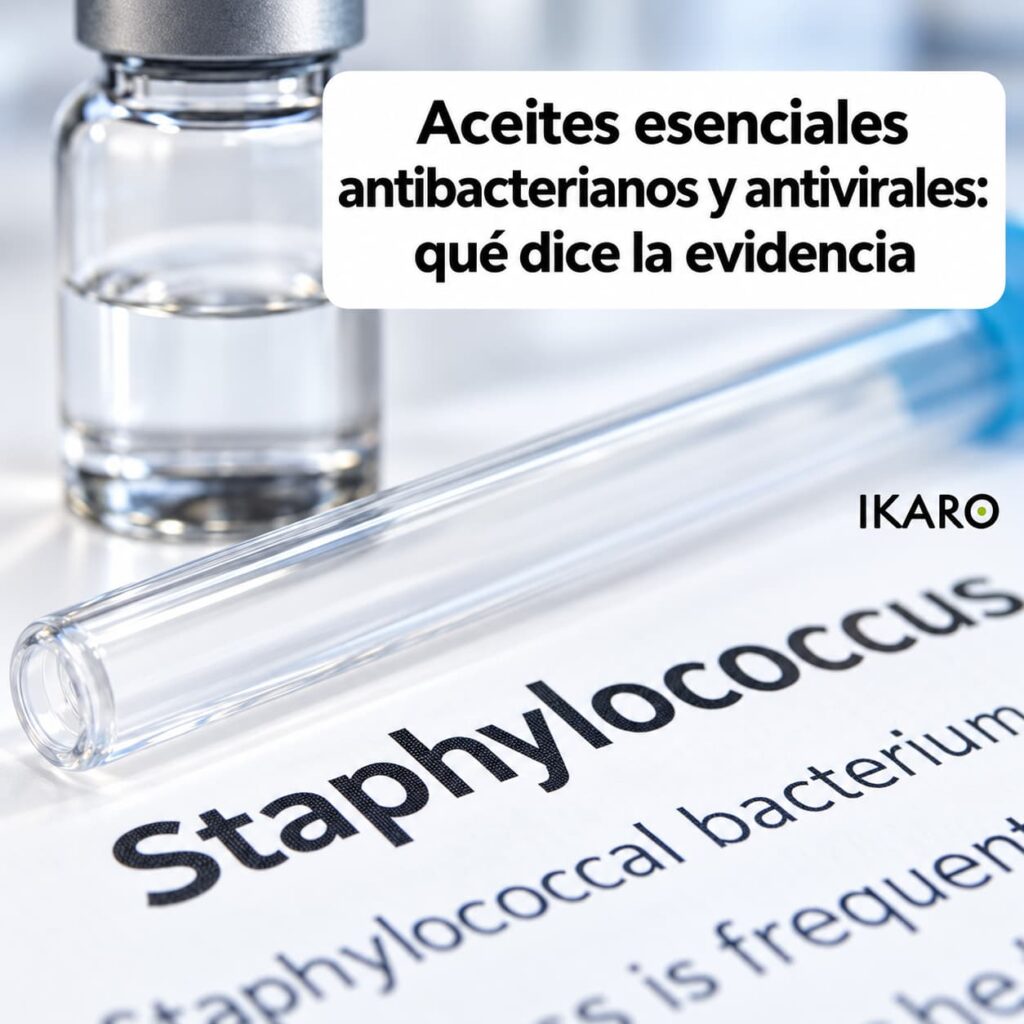 Frasco y tubo de laboratorio con el texto: aceites esenciales antibacterianos y antivirales, qué dice la evidencia