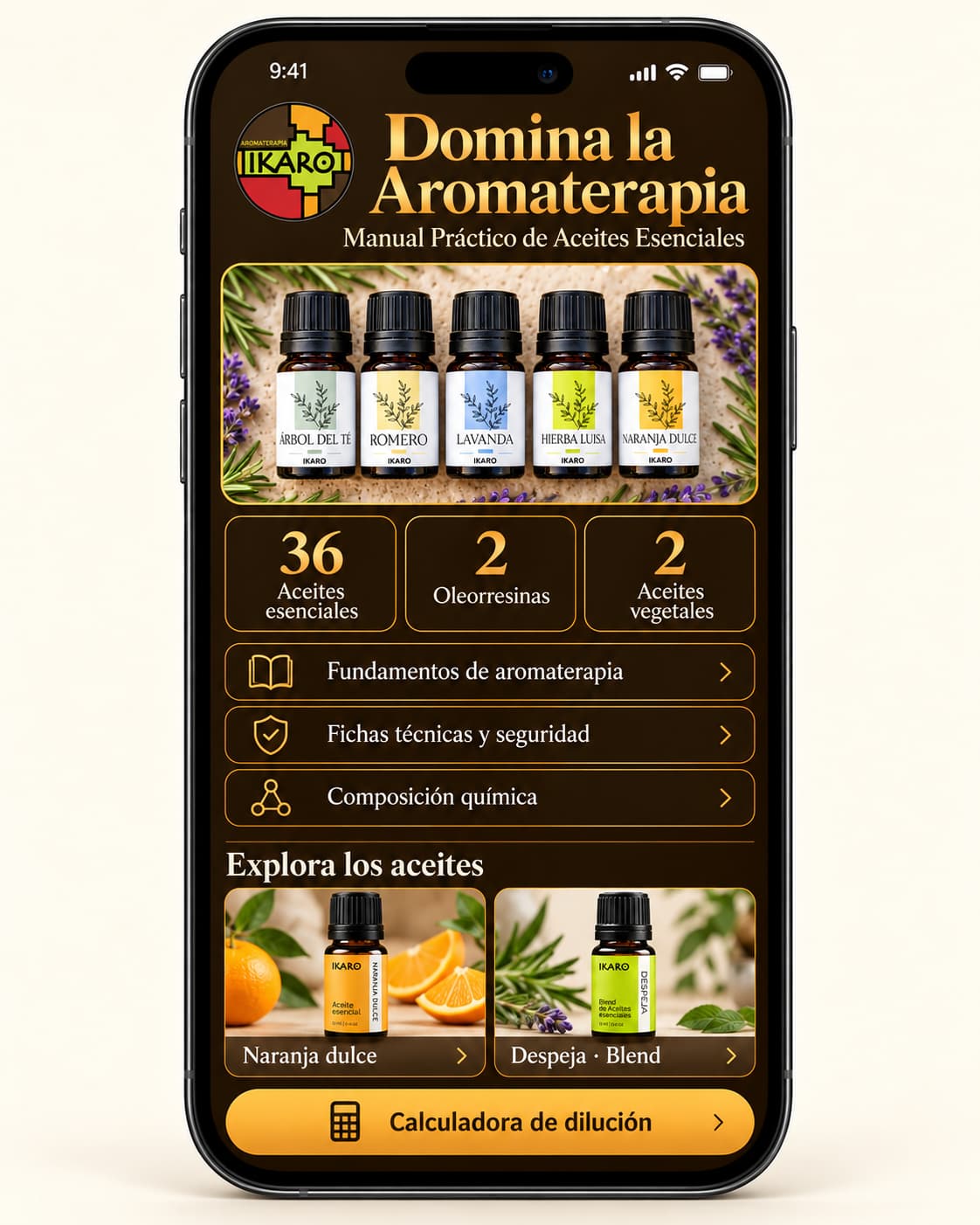 Guía de aromaterapia IKARO en un celular