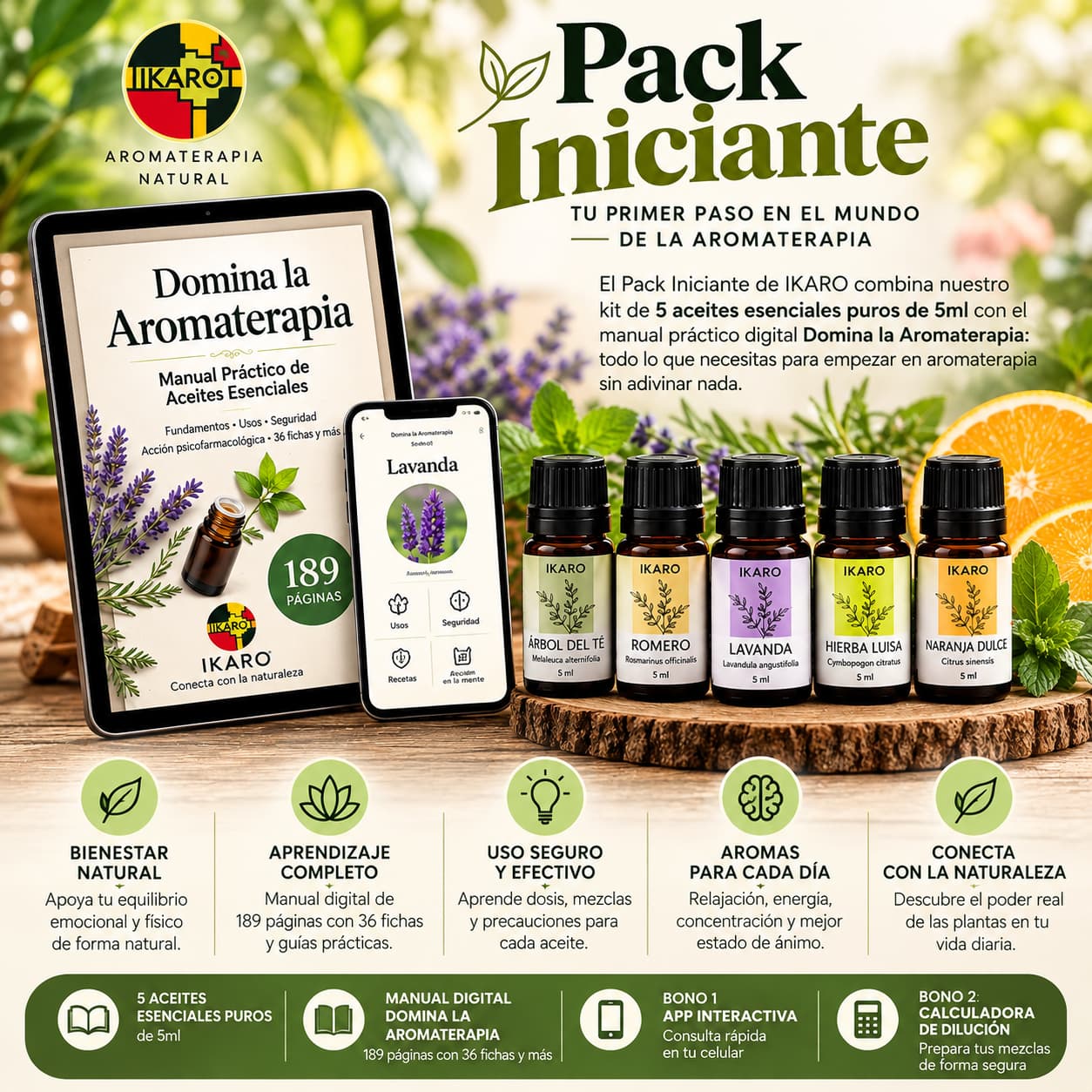 Pack Iniciante IKARO – kit de 5 aceites esenciales de 5 ml y manual digital Domina la Aromaterapia