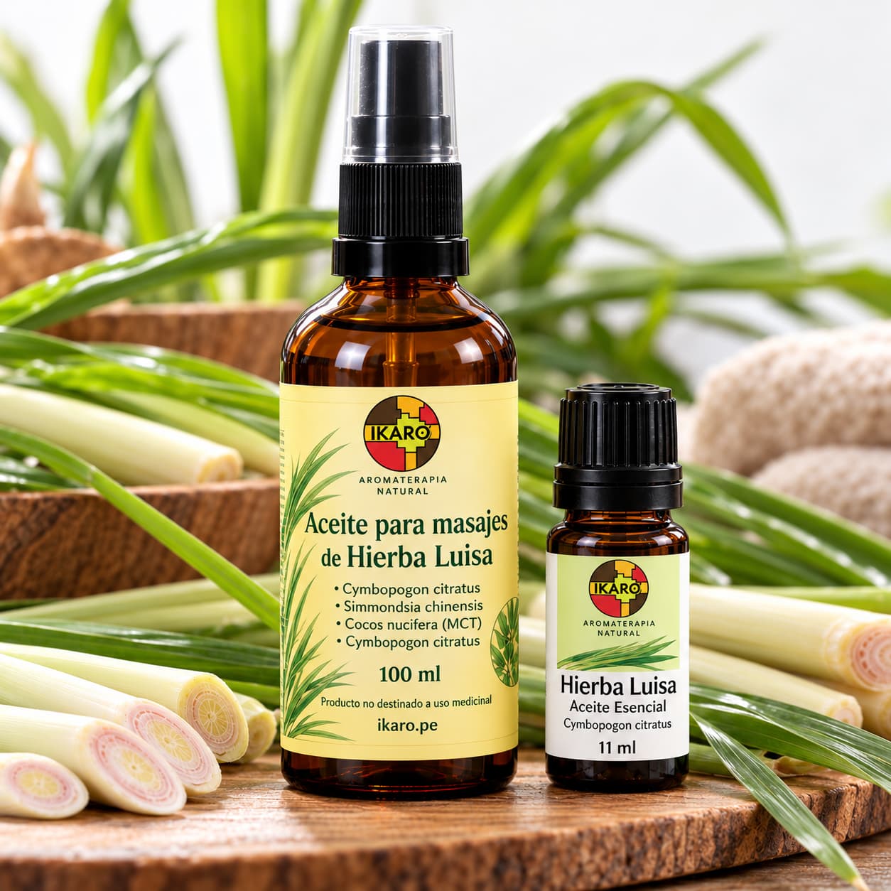 Pack Hierba Luisa IKARO – aceite para masajes de 100 ml y aceite esencial puro de 11 ml, pack S/90