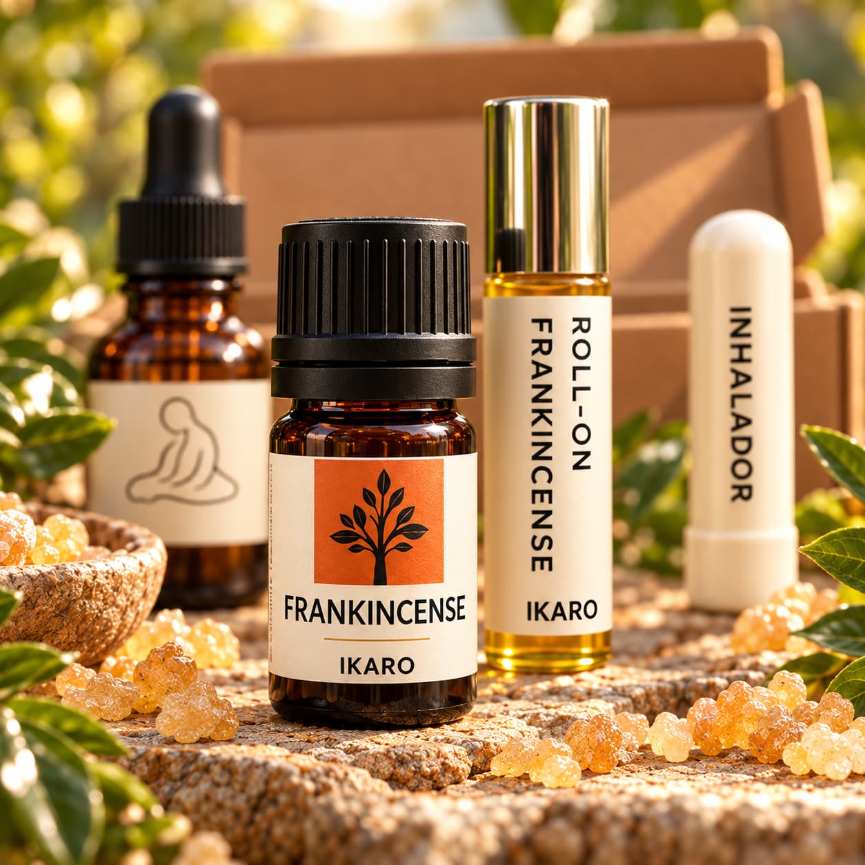 Frankincense Kit IKARO – roll on de 10 ml, aceite esencial de 5 ml, portador de 30 ml e inhalador nasal