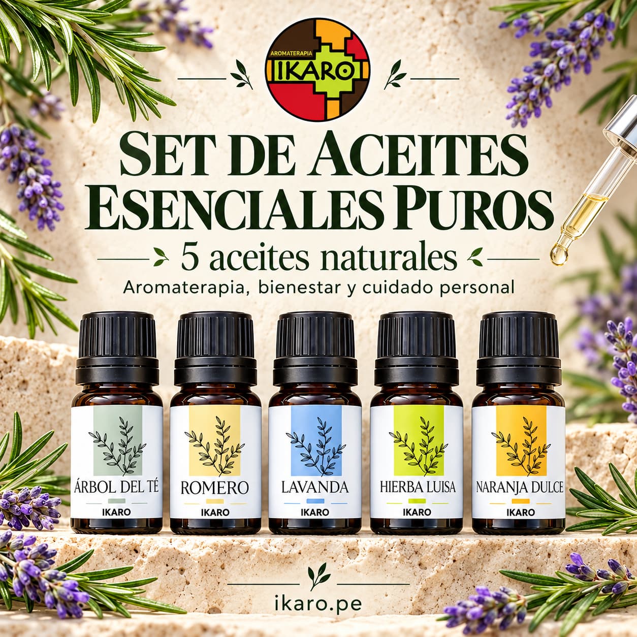 Set de aceites esenciales puros IKARO – kit iniciante de 5 frascos de 5 ml